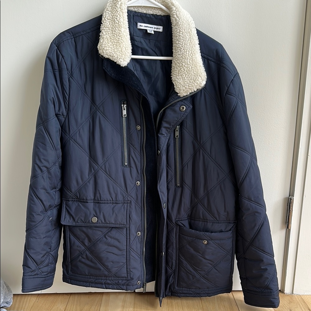 Men's Navy Quilted Jacket with Sherpa Collar